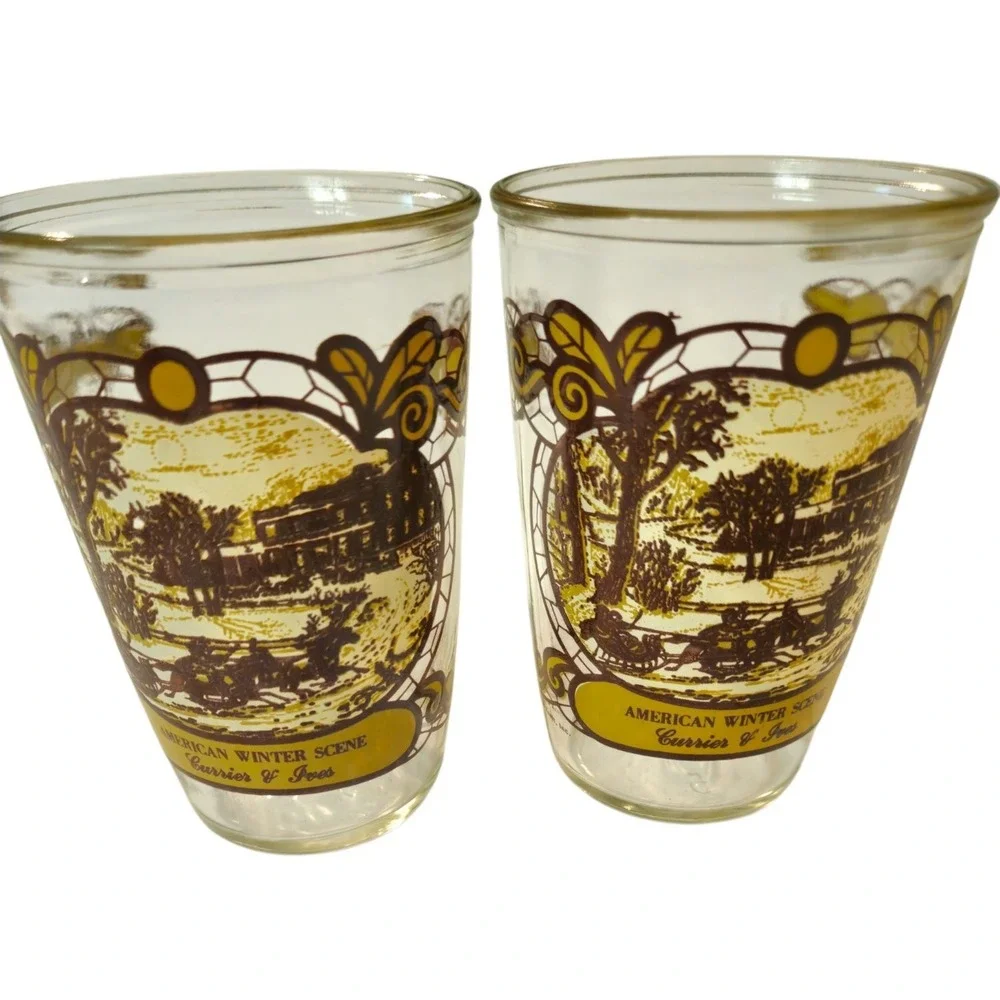 Vintage Kraft Currier & Ives American Winter Scene Glasses Tumblers Set of 2